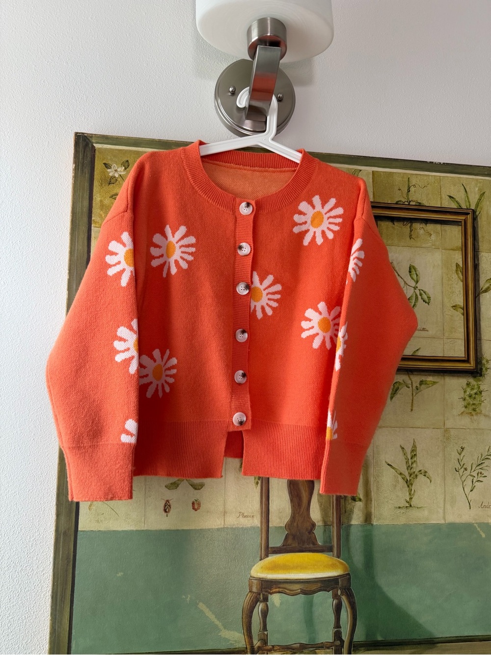 Beautiful Orange Daisy Button-Front Cardigan Sweater L